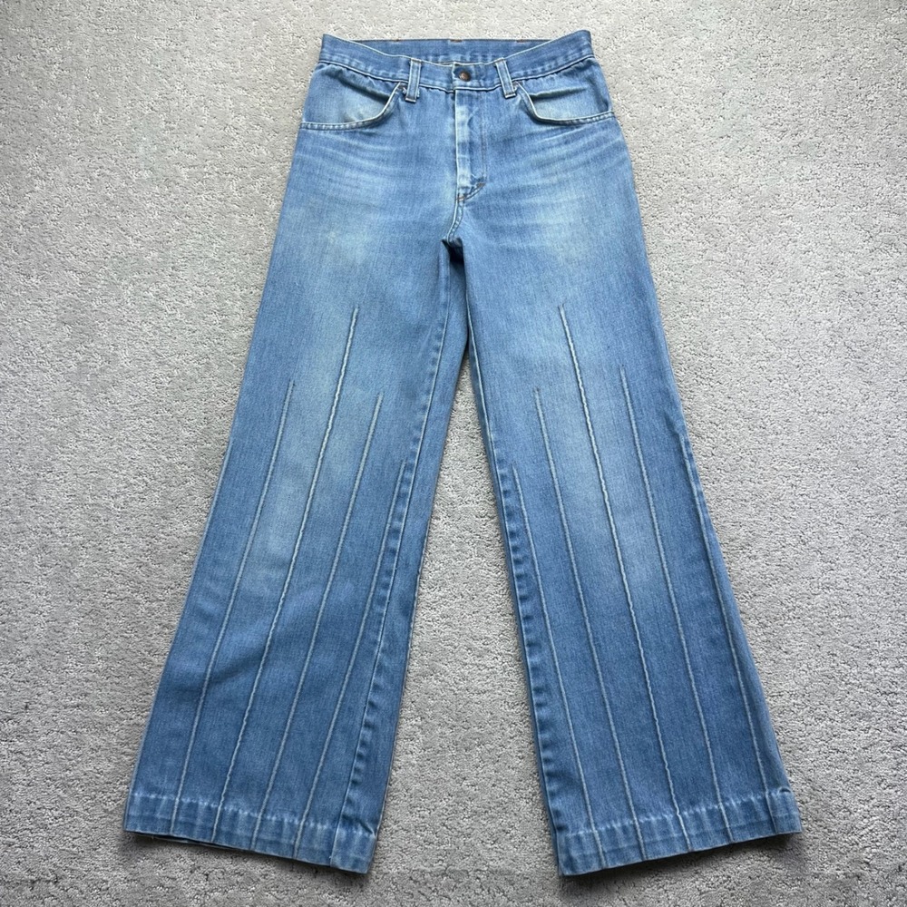 VINTAGE 70s Put On Shop Sears Jeans Mens 30x29 Blue Light Wash Pintuck Flare